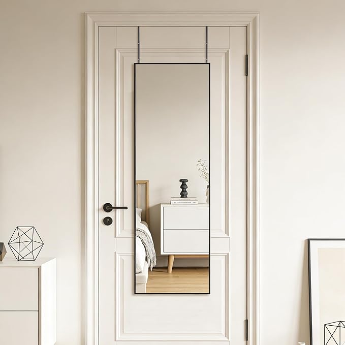 51x16 Inch Full Length Mirror Over the Door Hang or Wall Mounted Black | HD Tempered Glass, Aluminum Frame Rect Full Body Dressing Make-up Mirrors for Bedroom, Bathroom, Entryway, Living Room