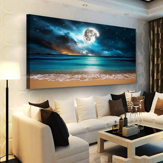 Beach Themed Wall Art Canvas Prints Seascape Picture Bathroom Décor Moon Ocean Landscape Paintings for Bedroom Dining Room Office Home Kitchen Decoration Natural Artwork 24x48 Wooden Frames