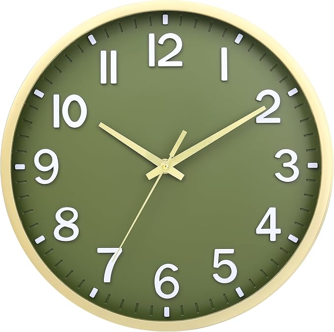 Wall Clocks Battery Operated 12 inch Modern Wall Clock,Silent Non Ticking Wall Clock for Living Room Bedroom Kitchen Office Classroom Decor (Green Gold)