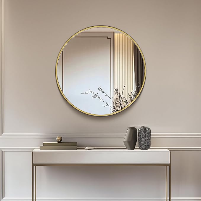 NEWBULIG 20IN Round Bathroom Wall Mirror | Vanity Mirrors for Over Sink, HD Glass Decorative for Entryway, Bedroom & Living Room, Anti-Rust, Tempered Glass, Gold