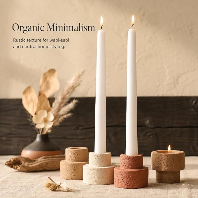 Set of 6 Concrete Candle Holders - Reversible Faux Travertine for 7/8" Taper & 1.5" Tealights, Stackable Heavyweight Minimalist Table Decor with Neutral Colors, Candles Not Included