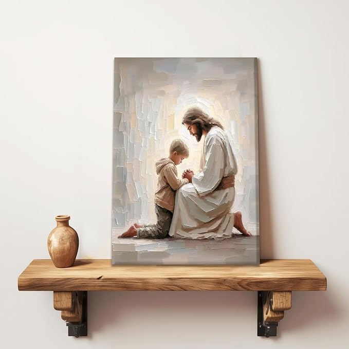 AUUAUU Jesus and Boy Praying Wall Art Christian Canvas Prints 16x24 Inches | Religious Painting Jesus and Children Picture Prints Artwork Christmas Wall Decor for Living Room Bedroom Ready to Hang