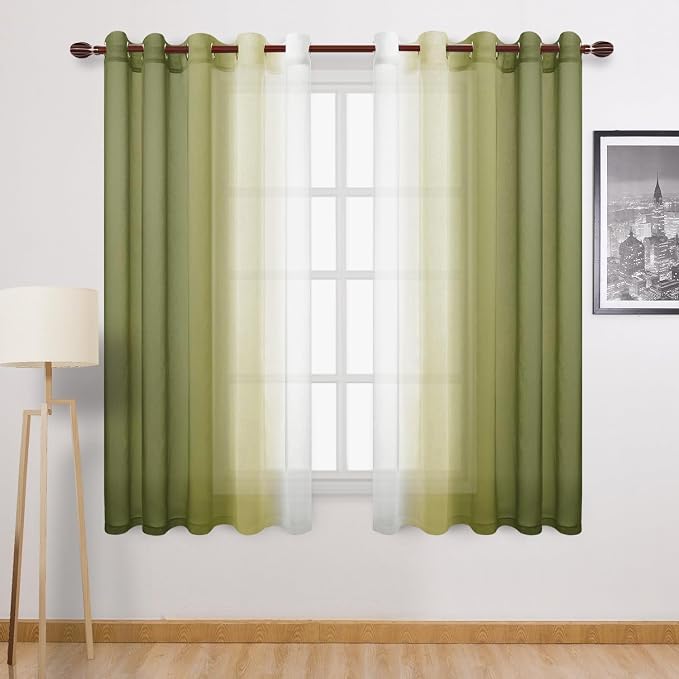 DWCN Ombre Faux Linen Sheer Curtains - Extra Wide Gradient Semi Voile Light Filtering Grommet Top Bedroom and Living Room Curtains, 60 x 63 Inches Long, Set of 2 Window Curtain Panels, Olive Green