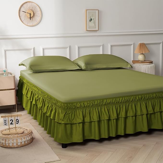 Double-Layered Ruffled Bed Skirt,Deep Sage Green,Full/Queen, 14" Drop | Wrap Around, Adjustable Elastic, 2 Layer, Machine Washable Soft Fabric, Multi Ruffle Bedskirt