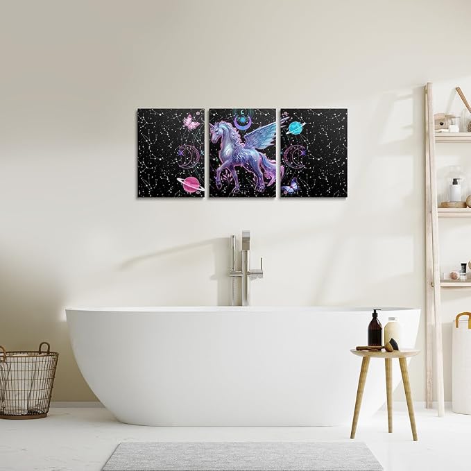 Feelyou Galaxy Unicorn 3 Piece Canvas Wall Art for Living Room Bedroom Solar System Wall Art for Home Decor Moon Star Office Wall Decor Space Outer Sky Wall Painting