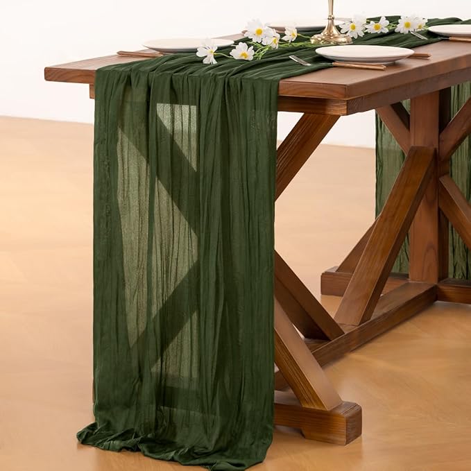 Cheesecloth Table Runner Fall Boho Wedding Birthday Party Home Decor | Olive Green 3pcs Rustic Gauze 10FT Cheese Cloth Sheer Farmhouse Dining Runner for Baby Shower Bridal Holiday Decorations