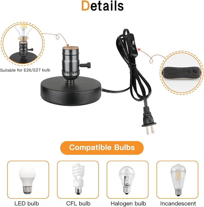 Vintage Table Lamp Base Only Without Shade, Mini Basic Edison Exposed Light Bulb Stand, E26 E27 Short Edison Desk Lamps for Small Spaces with 5.75' Cord ON Off Switch & Plug in (Matte Black)