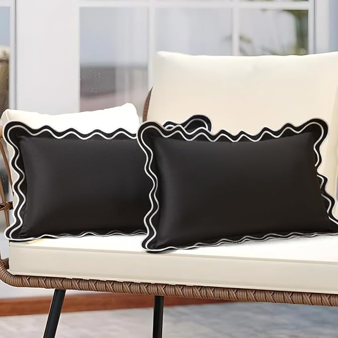Black and White Scalloped Outdoor Lumbar Pillow Covers 12x20 Set of 2