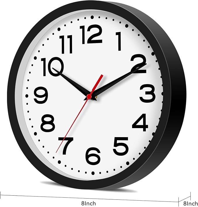Roymnie 8 Inch Small Wall Clock, Battery Operated Silent Non Ticking Black | analog wall clock; bold numerals for easy reading; silent non-ticking; 1 AA battery (not included); for classroom