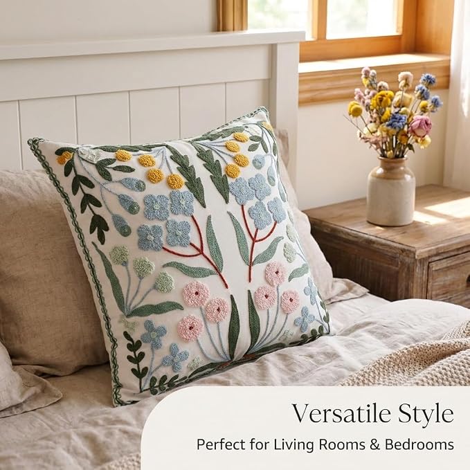 YIcabinet Pack of 2 Throw Pillow Covers,Little Daisy Embroidered Pillow Case Soft Decorative Pillowcases for Home Sofa Couch 18x18 Inch