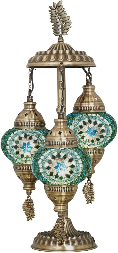 DEMMEX 3-Globe Turkish Moroccan Table Lamp, Tiffany Mosaic Glass Bedside Night Light, Handmade Colorful Mosaic Glass Globes & Antique Brass Finish Base, 21" H, Turquoise & Blue & Green