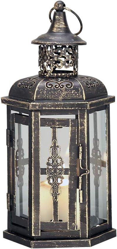 JHY DESIGN Decorative Lanterns-10inch High Vintage Style Hanging Lantern, Metal Candleholder for Indoor Outdoor, Events, Parities and Weddings(Black with Gold Brush)