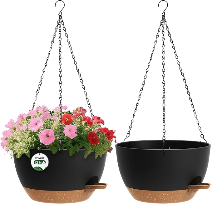 2 Pack 12 Hanging Flower Pots with Chains Self Watering Plastic Planters for Indoor Outdoor Plants, Sturdy Triangular Iron Chain Design for Garden PorchPlastic hanging flower pots(2, Black Brown)