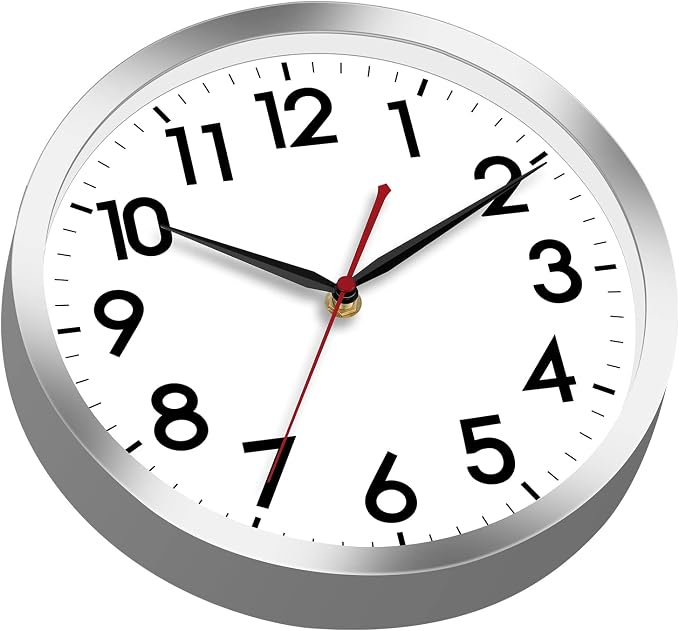 AKCISOT 14 Inch Wall Clock, Silent Battery Operated Analog Clock, Silver | Classroom | Office | Kitchen | Living Room | Garage | Shop | Large Size | Easy-to-read numbers