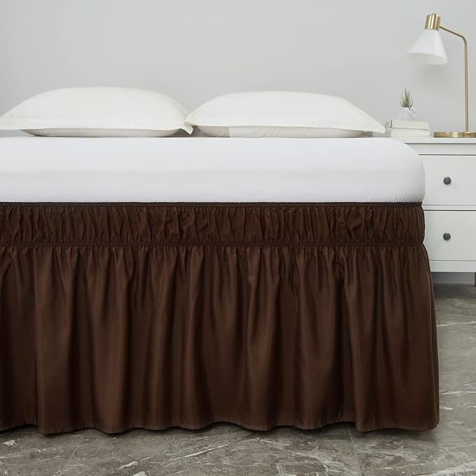 MEILA Wrap Around Elastic Bed Skirt for Twin & Full Beds, 18" Drop, Brown | Three-Side Adjustable Elastic Dust Ruffle, Ruffled Polyester Fabric, Easy to Install, Fade Resistant & Machine Washable