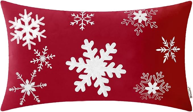BRAWARM Christmas Pillow Cover 12 X 20 Inches, Christmas Red Snowflake Embroidered Lumbar Pillow Cover, Soft Velvet Decorative Throw Pillow for Couch Bed Sofa Living Room Home