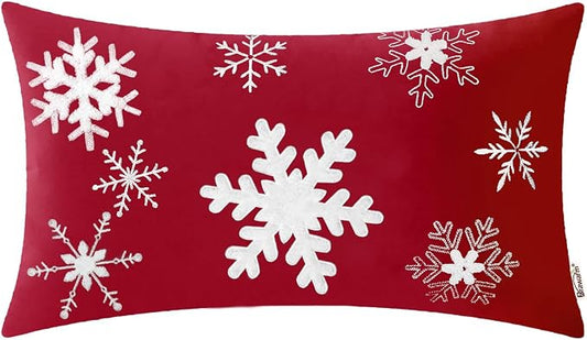 BRAWARM Christmas Pillow Cover 12 X 20 Inches, Christmas Red Snowflake Embroidered Lumbar Pillow Cover, Soft Velvet Decorative Throw Pillow for Couch Bed Sofa Living Room Home