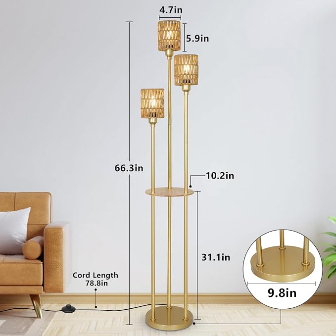 Boho Floor Lamp with Shelves, 3-Lights Farmhouse Tall Floor Lamp with ON/Off Foot Switch, Gold Modern Floor Lamps with Rattan Shades, Rustic Standing Lamp for Living Room, Bedroom, Office