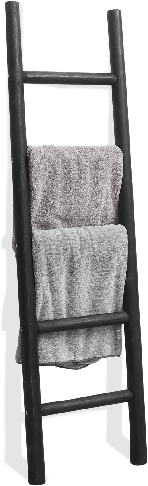 FUIN Blanket Ladder, 57in Rustic Solid Wood Decorative Ladder, Black | Farmhouse living room accent, Layered blanket towel quilt display, Visible wood grain, Bathroom and Bedroom use