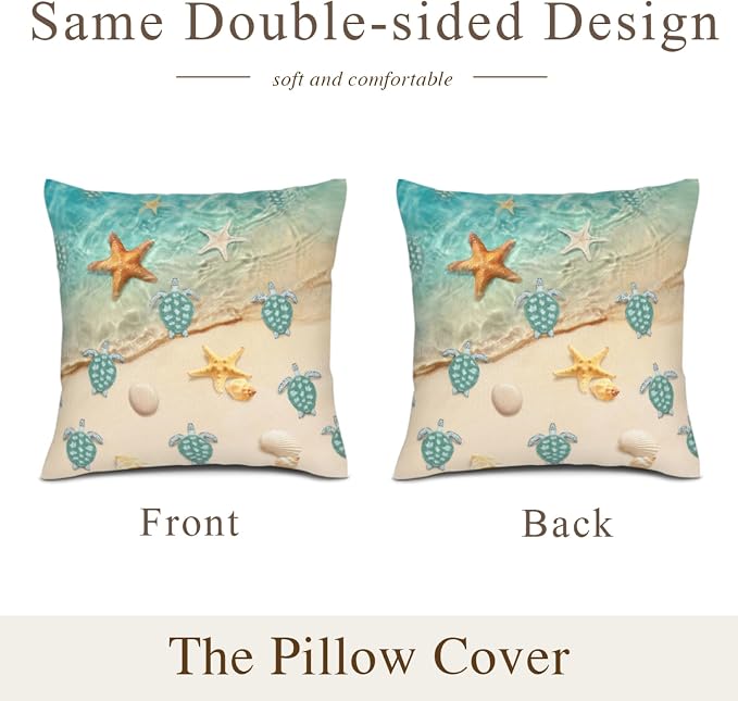 Sea Turtles Beach Throw Pillow Covers Set of 2, Teal Nautical Decorative Pillow Cases, Nautical Teal Living Room Decor, Cute Outdoor Cushion Covers for Sofa Bed Couch Chair 18x18