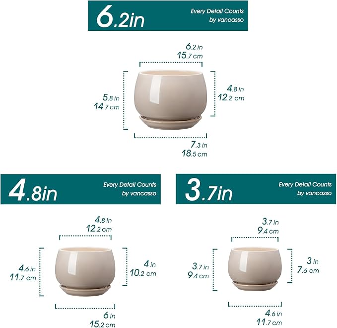 vancasso 3-Pack Ceramic Plant Pots, 3.7/4.8/6.2 Inch Indoor Planters with Saucers & Drainage Hole Planter pots for Indoor Plants and Flower, Gray