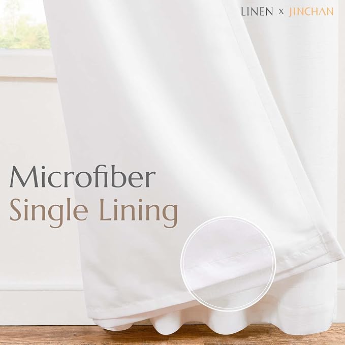 jinchan Lined Linen Curtains Privacy Back Tab 50x63 Inch 2 Panels Set White | Light Filtering Curtains with White Privacy Liner, Cottage Core Farmhouse Curtains for Living Room, Rod Pocket 63 Inch Length