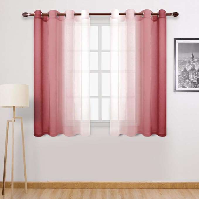 DWCN Ombre Sheer Curtains - Faux Linen Semi Voile Grommet Top Gradient Curtains for Bedroom and Living Room, Set of 2 Window Curtain Panels, 52 x 54 Inch Length, Burgundy