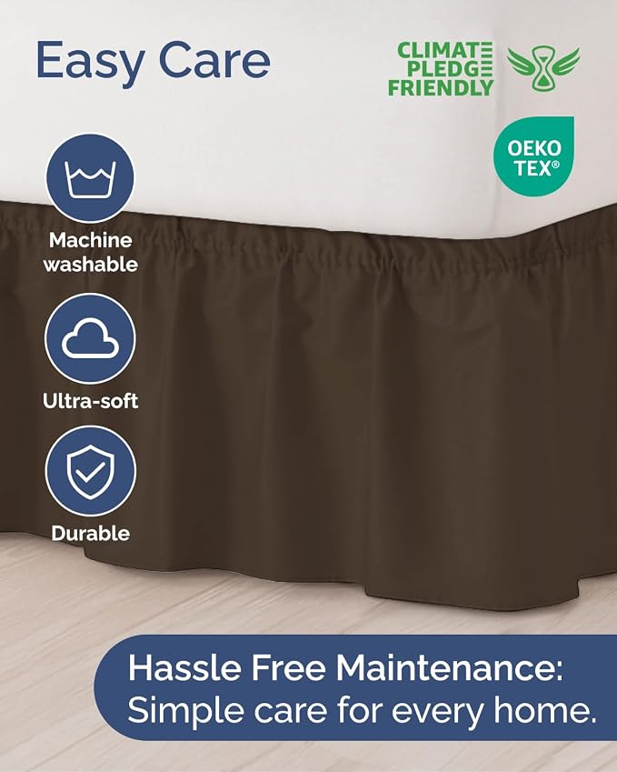 Wrap Around Dust Ruffle Bed Skirt, Queen Size Beds - 12 Inch Drop, Brown | Easy Fit Elastic Strap, Adjustable Pleated Bedskirt w/Brushed Fabric, Wrinkle & Fade Free, for Women, Men, Kids & Teens
