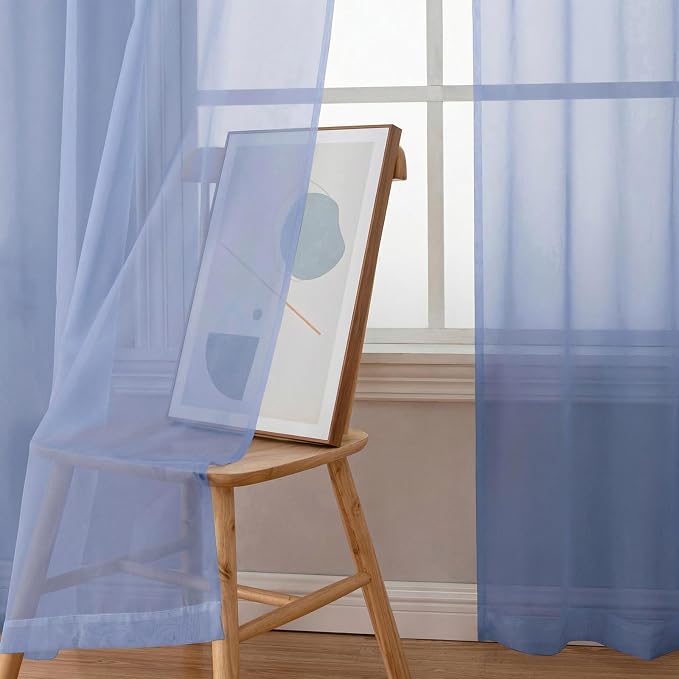 Simplebrand Denim Sheer Curtains 84 Inches Long, Light Filtering Rod Pocket Solid Color Window Sheer Curtain Panels, Elegant Curtains & Drapes for Living Room, Bedroom 2 Panels (Denim, 42" W x 84" L)