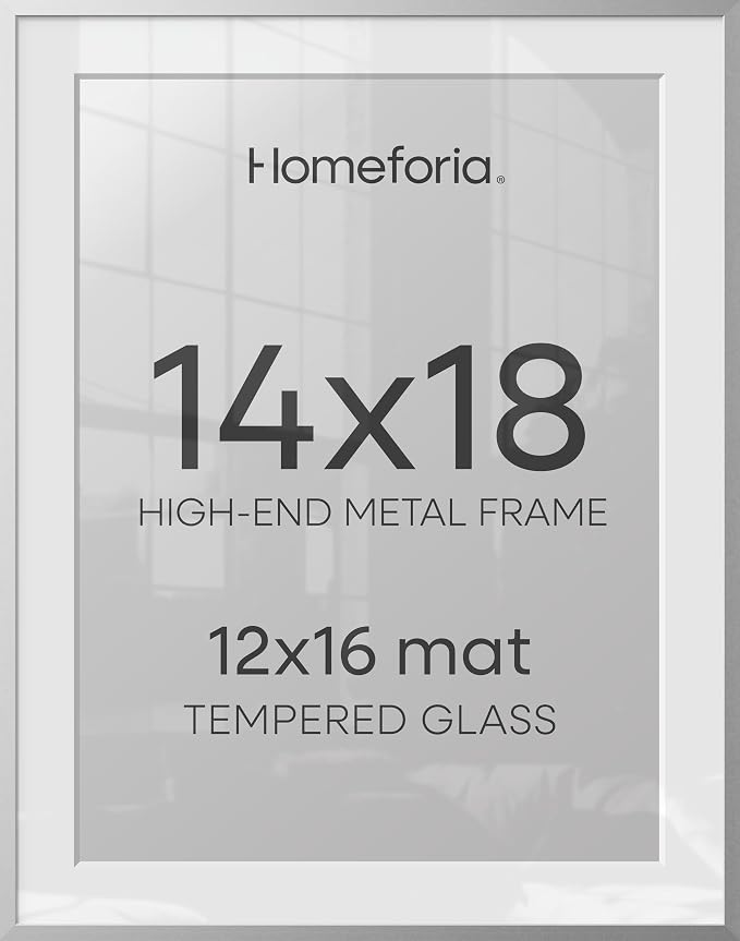 Homeforia 14x18 Silver Picture Frame, High-End Metal, 12x16 Mat, Glass