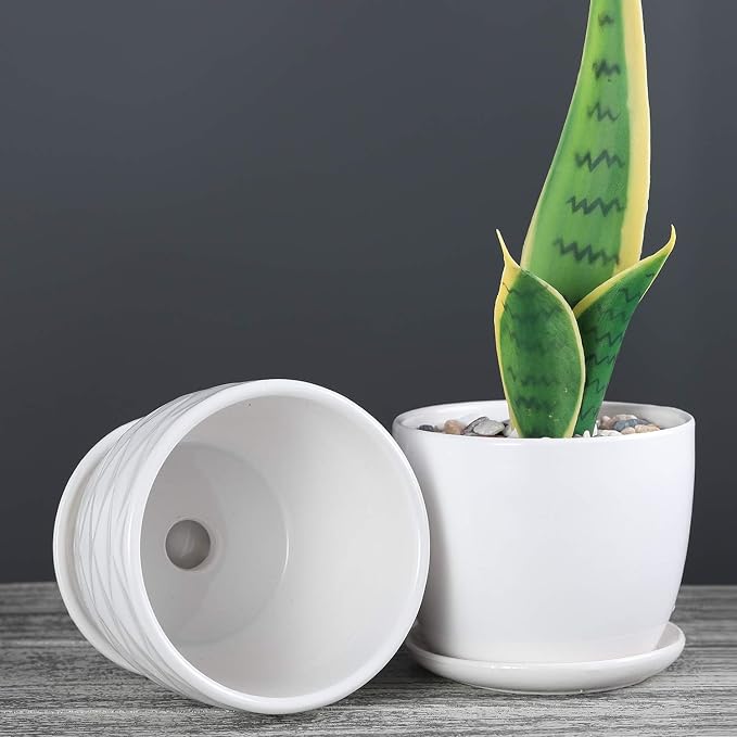 sietpoek 4.7” Ceramic Plant Pots with Drainage and Saucer 4PCs White | White Ceramic Flower Pots with Drainage Hole and Saucer, Decorative Planter for Indoor Outdoor Garden Plants Succulen