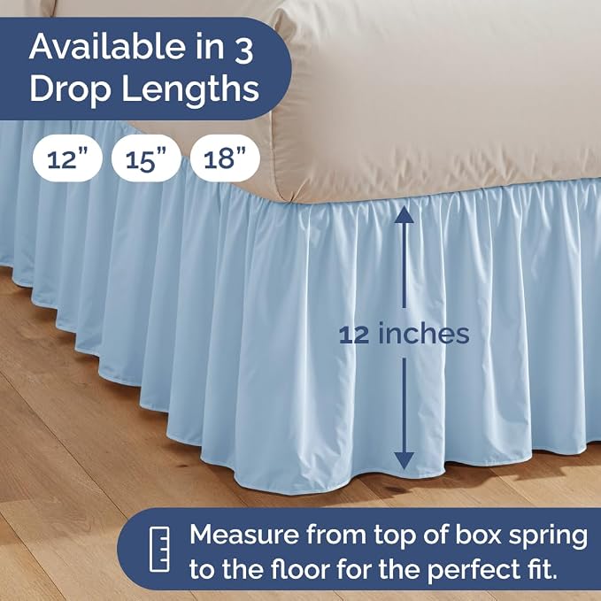Bedskirt Queen Size Ruffle - Ruffled Bed Skirt - 12 Inch Drop - Light Blue | Bedskirt with Platform, Ultra-Soft Premium Hotel Quality, Wrinkle Free, Fade & Shrink Resistant, for Women, Men, Kids & Teens