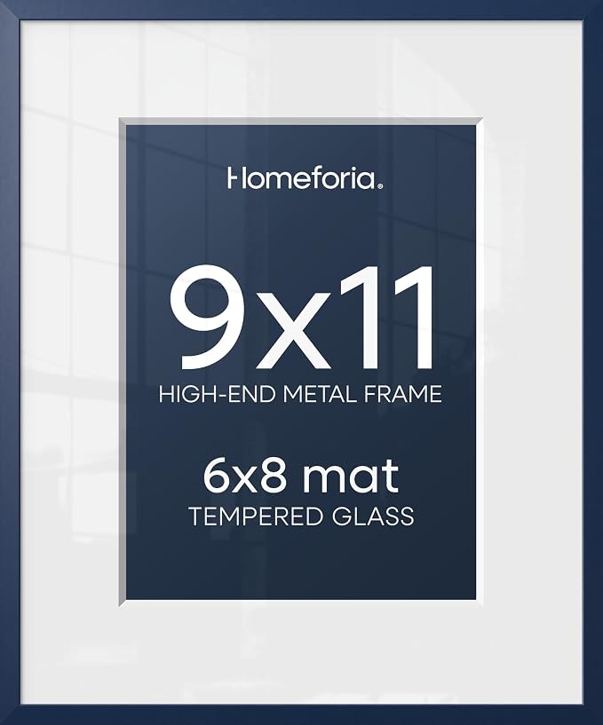 Homeforia 9x11 Blue Picture Frame, High-End Metal, 6x8 Mat, Glass