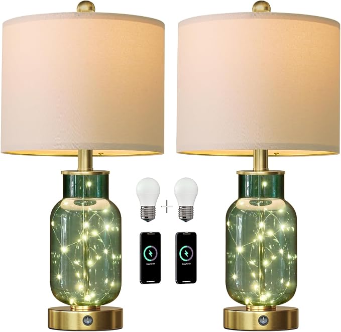 Oneach 22" Glass Table Lamps Set of 2 with Night Light for Bedroom, Green