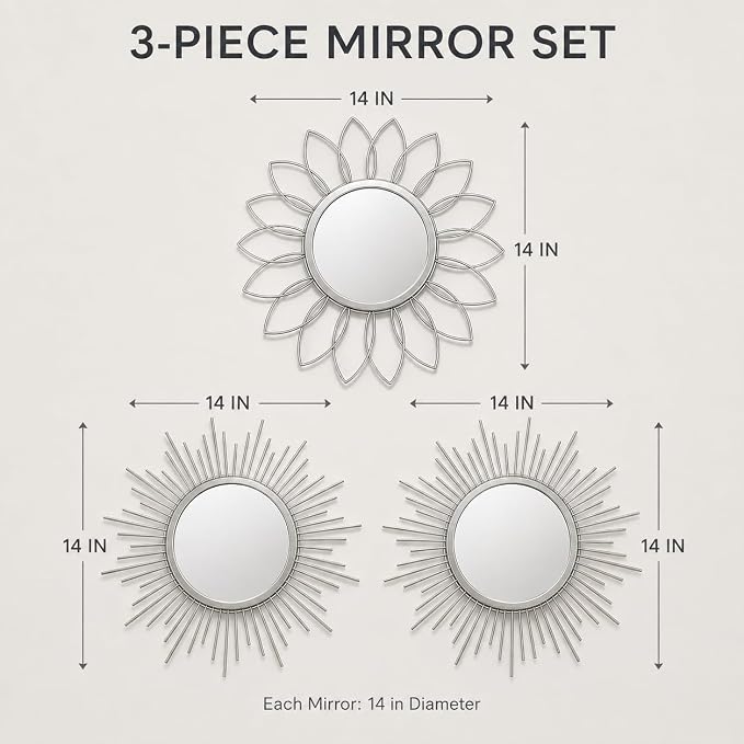 Silver Sunburst Mirror 14x14 Inch, Decorative Wall Accent with Metal Frame, Small Sun Mirror for Living Room, Bedroom, Entryway, Hallway, Boho Modern Home Decor
