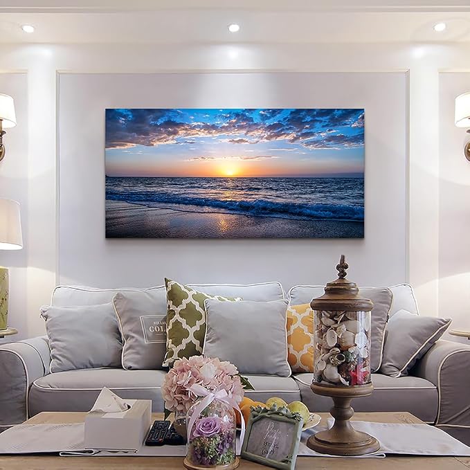 Wapluam Beach Wall Art -Blue Sea Coastal Sunset Natural Scenery Picture -Print On Canvas Ocean Seascape Canvas Print Artwork for Living Room Bedroom Bathroom Home and Office Wall Decor 24" x 48"