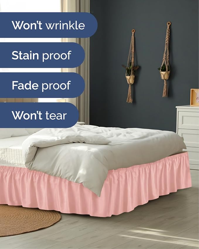 Wrap Around Dust Ruffle Bed Skirt, Full Size Beds - 15 Inch Drop, Baby Pink | Easy Fit Elastic Strap, Adjustable Pleated Bedskirt w/Brushed Fabric, Wrinkle & Fade Free, for Women, Men, Kids & Teens