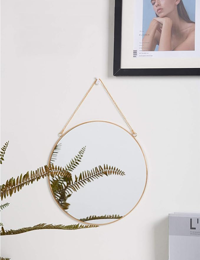 Dahey 11.8" Small Circle Round Office Wall Hanging Mirror with Chain, Gold | Anti-Scratch Velvet Back, Easy to Hang, Metal Frame, Nordic Minimalist Boho Wall Decor, for Bathroom Bedroom Living Room Dorm
