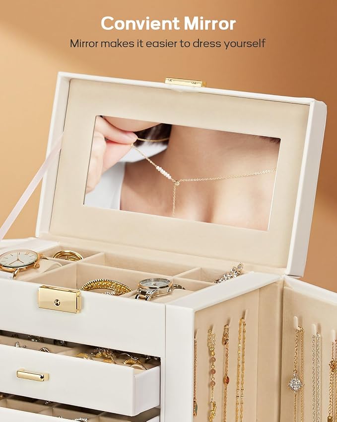 Homde Large Jewelry Box for Women: 5-Layer Organizer with Lock for Dresser | Separated Storage for Necklace Earring Ring Watch to Sort Daily Jewelry - Keep Vanities Tidy - Birthday Gift