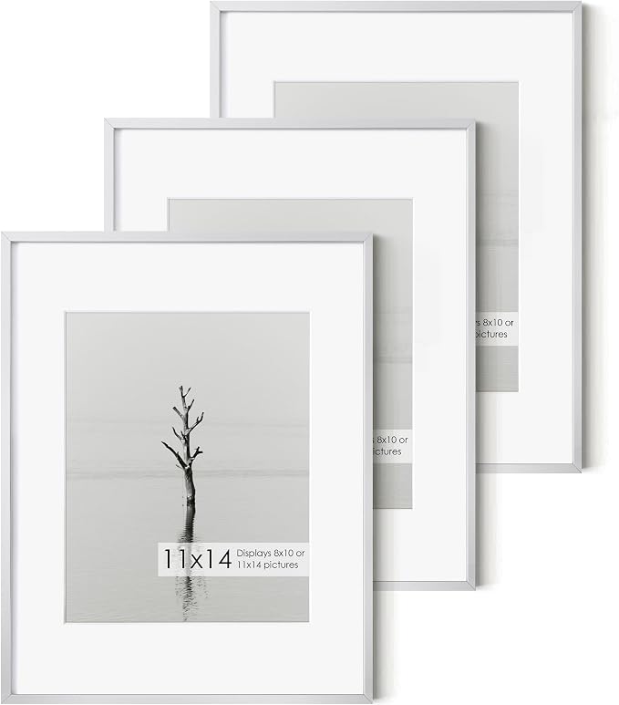 Fun Memories 11x14 Premium Metal Picture Frame - 11x14 Aluminum Photo Frames with 8x10 Mat, and Hanging Hardware - Ideal for Wall or Tabletop Display - Set of 3 - Sliver