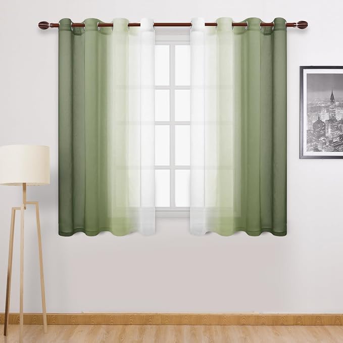 DWCN Ombre Short Sheer Curtains - Faux Linen Semi Voile Gradient Light-Filtering Bedroom and Living Room Curtains, Set of 2 Grommet Top Window Drape Panels, 52 x 45 Inch Length, Light Olive Green