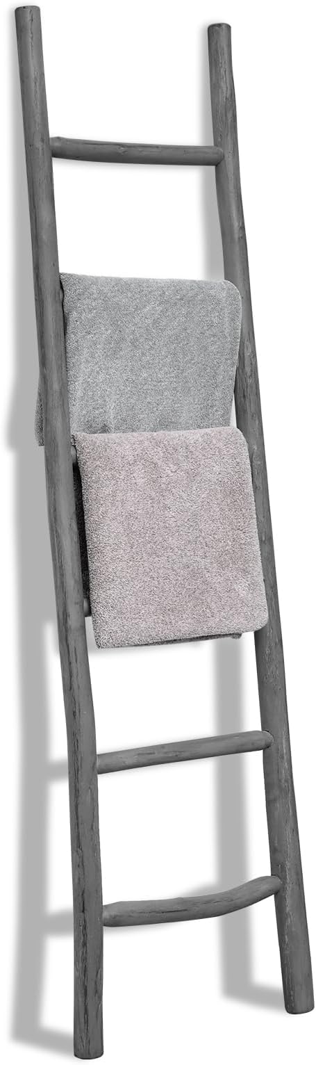FUIN Blanket Ladder, 6ft Rustic Solid Wood Decorative Ladder, Grey | Farmhouse living room accent, Layered blanket towel quilt display, Visible wood grain, Bathroom and Bedroom use