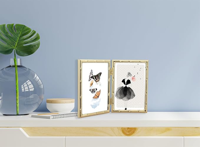 YiPinYin 4x6'' Bamboo Detail Double Photo Frames, Gold Metal Picture 6x4'' Double, Elegant Gold Thin Edge Photo Frames 4 x 6'' With Soft Touch Velvet Backing and Real Glass for Desktop