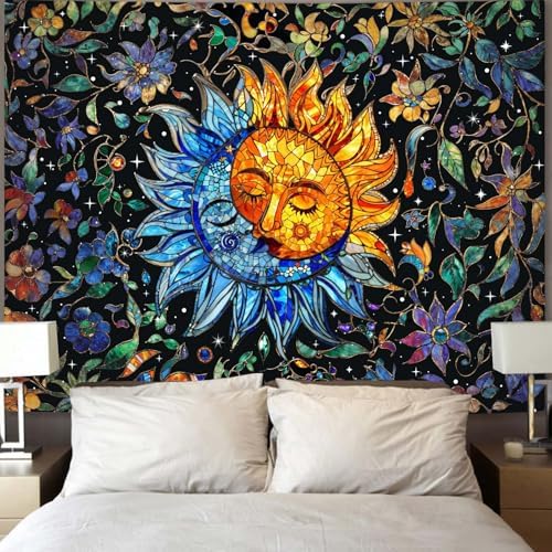 Accnicc Sun and Moon Tapestry Boho Hippie Floral Wall Tapestry for Bedroom Aesthetic Vintage Stained Glass Celestial Plant Small Tapestries Wall Hanging for Living Room Dorm 60 x 44 Inch
