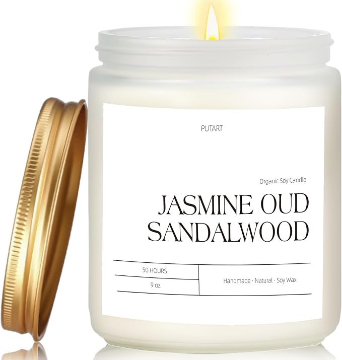 Jasmine, Oud & Sandalwood Scented Candles for Home, 9oz Soy Wax | Natural Aromatherapy Non Toxic Candle Gifts for Women Men, Home Fragrance Decoration Glass Jar Candle for Relaxation