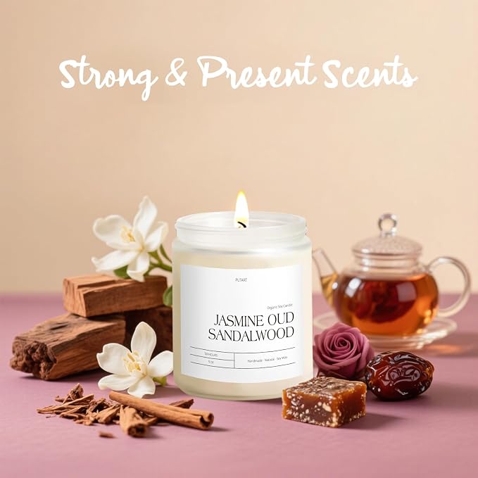 Jasmine, Oud & Sandalwood Scented Candles for Home, 9oz Soy Wax | Natural Aromatherapy Non Toxic Candle Gifts for Women Men, Home Fragrance Decoration Glass Jar Candle for Relaxation