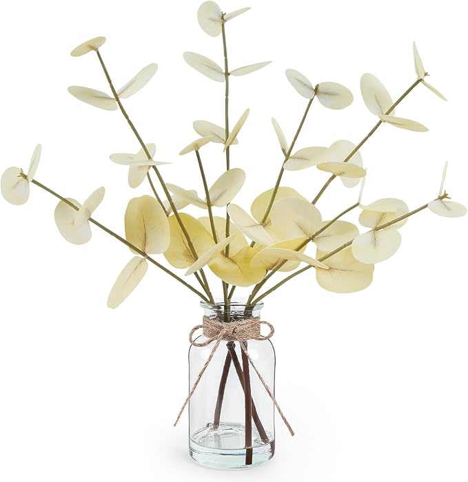Bessol Artificial Eucalyptus Stems in Glass Vase with Faux Water, 14" Fake Plants for Home Decor, Coffee Table Centerpieces, Office, Bathroom & Farmhouse Weddings - Faux Plants Decorations