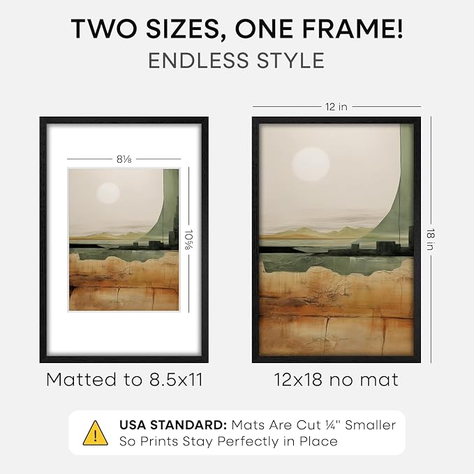 Homeforia 12x18 Black Oak Picture Frame, High-End Wood, 8.5x11 Mat, Glass