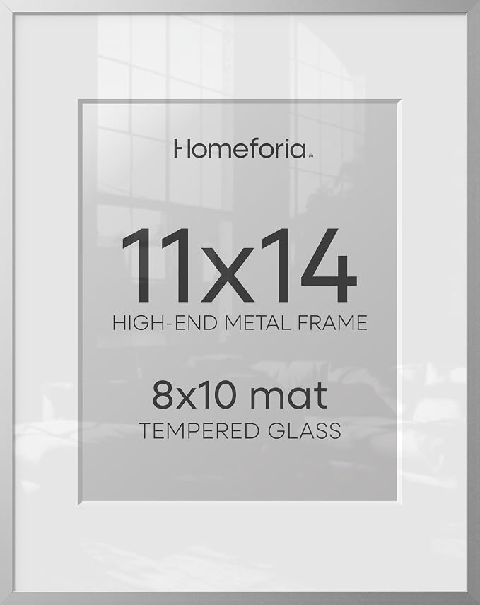 Homeforia 11x14 Silver Picture Frame, High-End Metal, 8x10 Mat, Glass