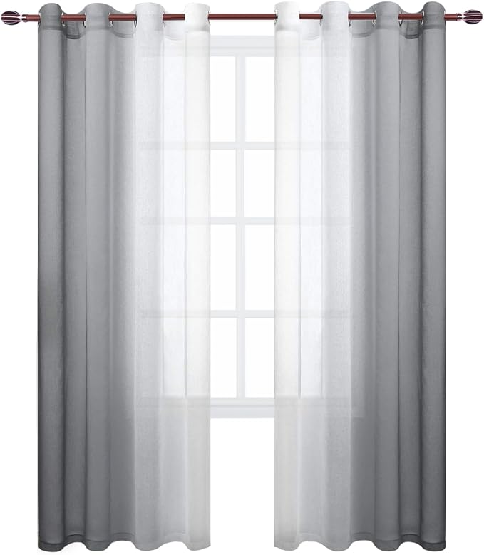 DWCN Grey Ombre Faux Linen Sheer Curtains - Extra Long Gradient Semi Voile Light Filtering Grommet Top Bedroom and Living Room Curtains, 52 x 102 Inches Long, Set of 2 Window Curtain Panels